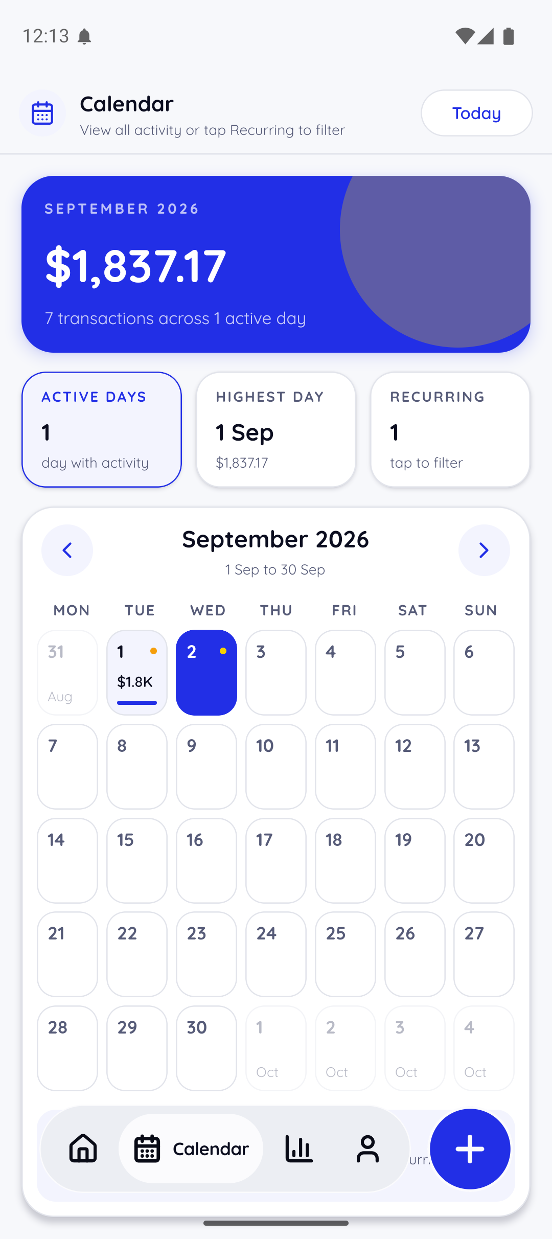 SnapTally calendar view showing active days and monthly receipt totals