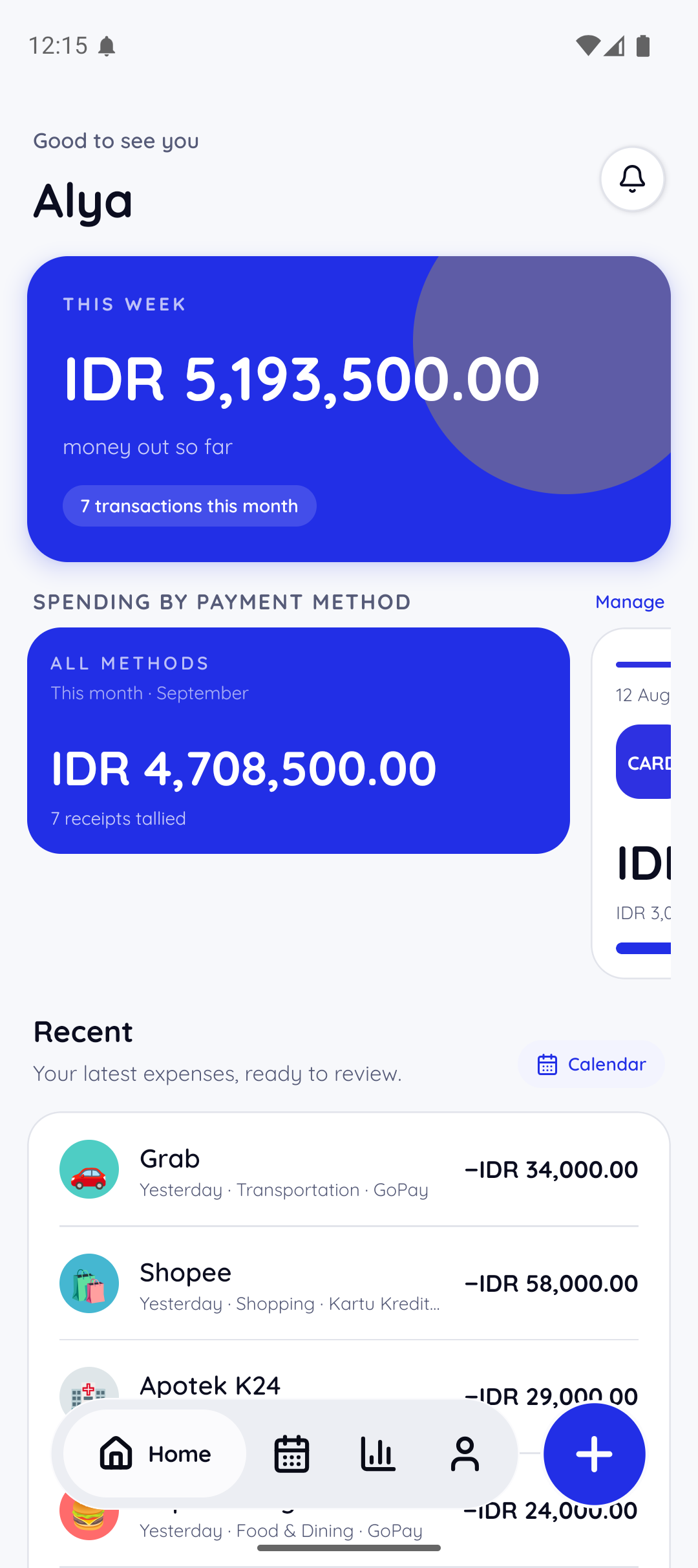 Dasbor SnapTally dengan pengeluaran mingguan dan transaksi terbaru