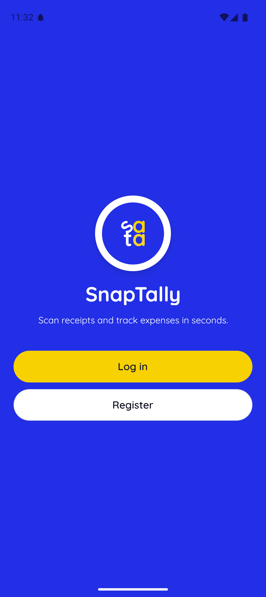 Layar awal SnapTally dengan tombol masuk dan daftar