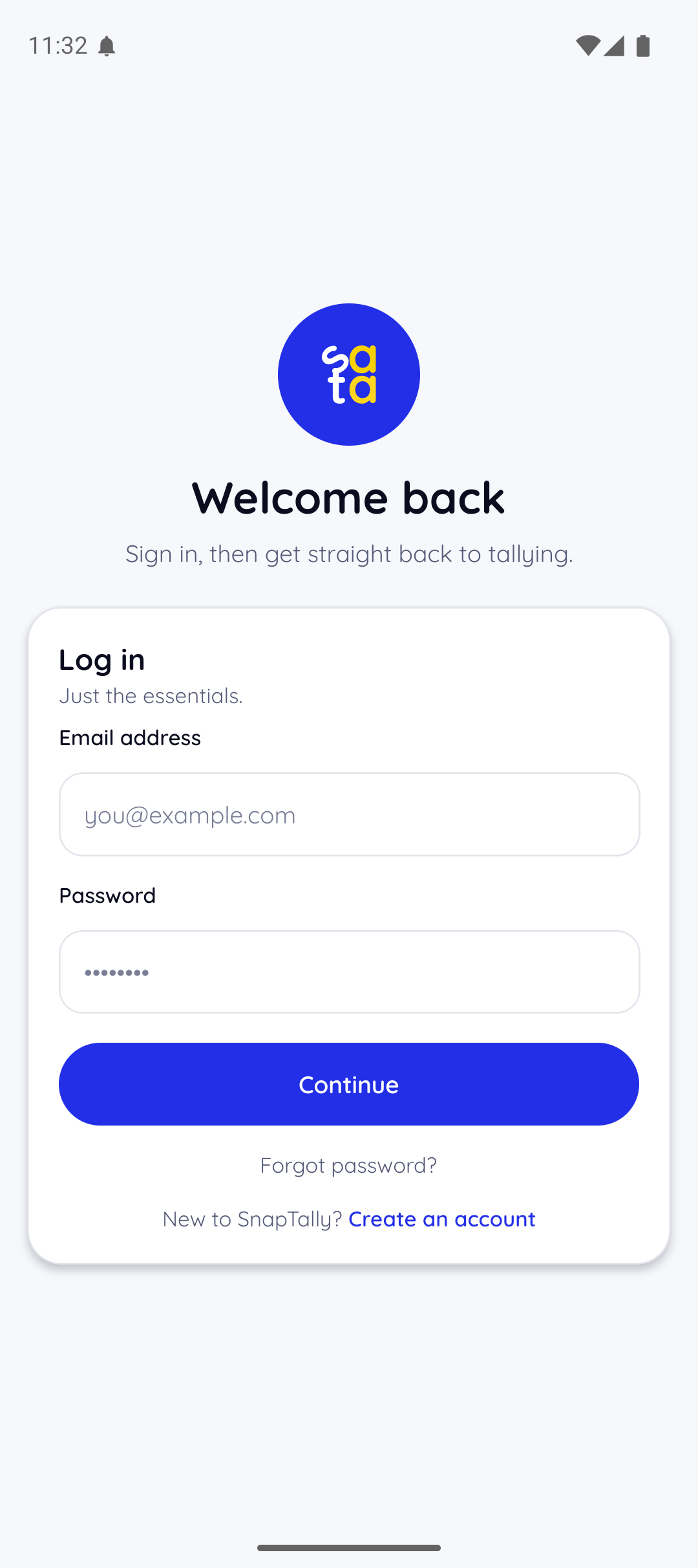 Layar masuk SnapTally dengan kolom email dan kata sandi