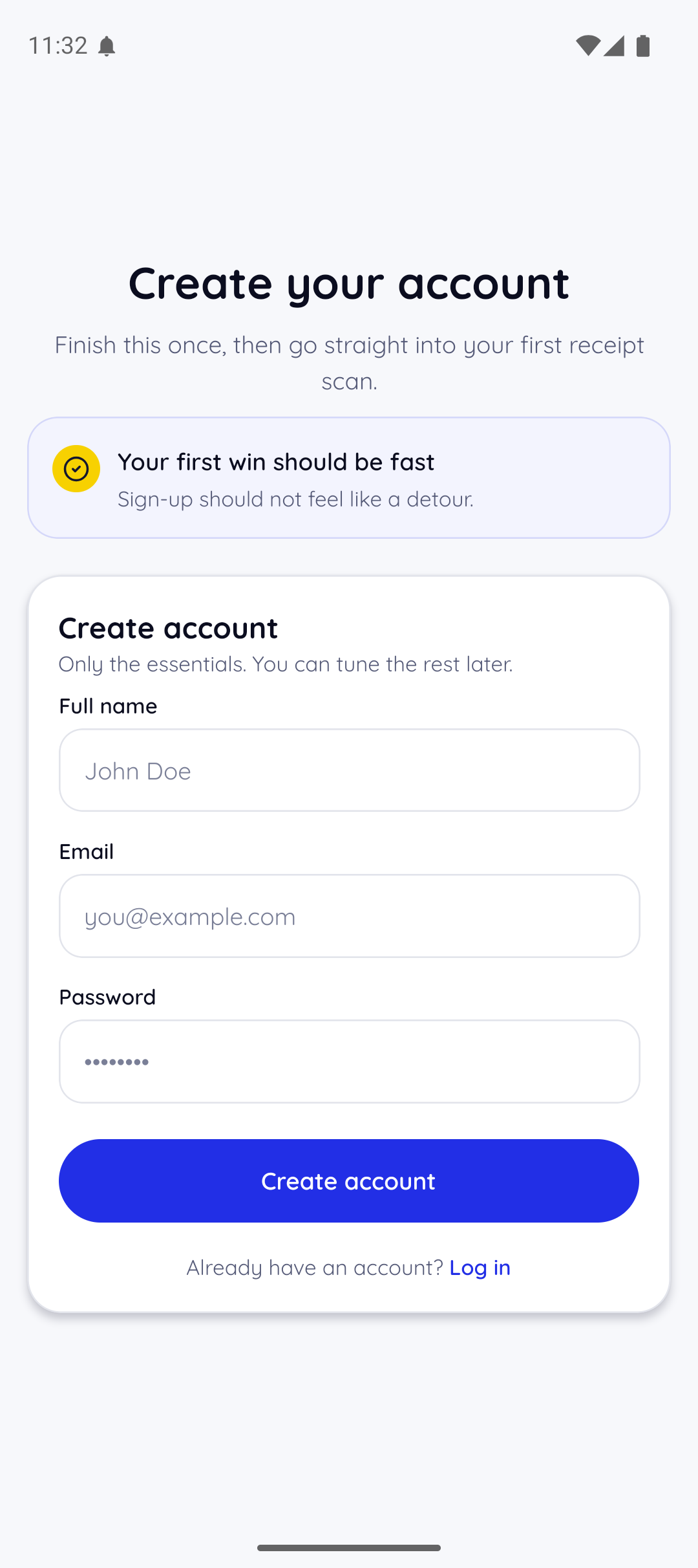 Layar buat akun SnapTally dengan kolom pendaftaran